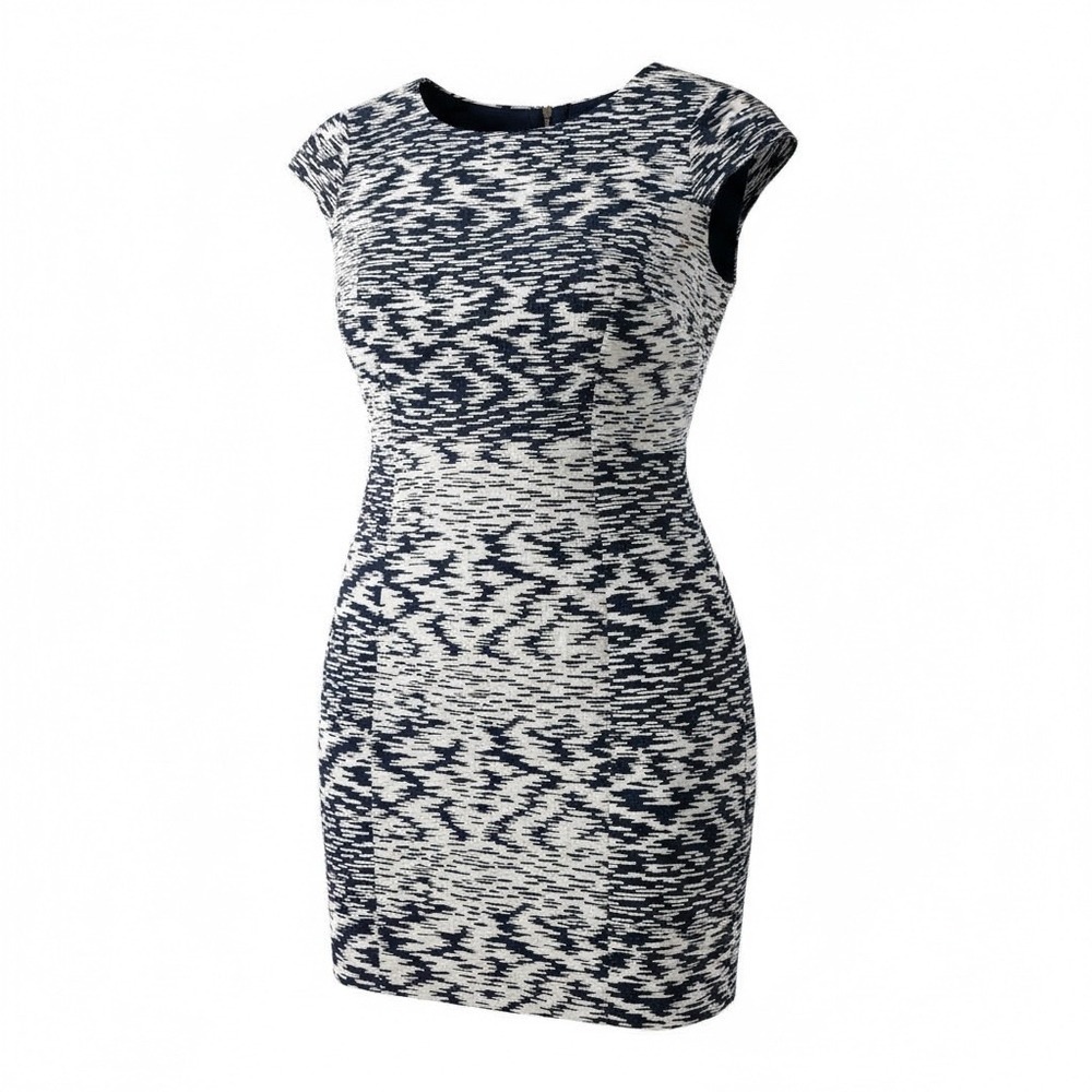 Antonio Melani Navy Blue White Abstract Geometric Cap Sleeve Sheath Dress Size 8